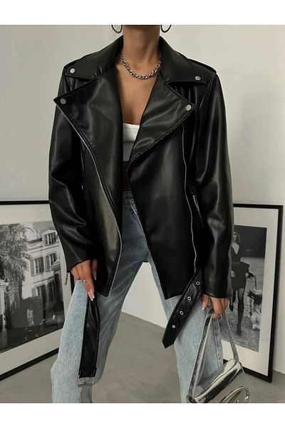MEECY Übergroße Biker-Lederjacke für Damen