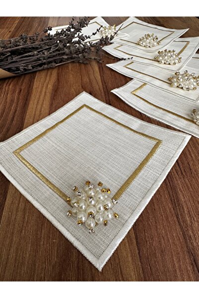 NURHAN HOME COLLECTION 6 Adet İncili Gold ve Ekru Renk nakışlı kare Kokteyl Sunum Peçetesi