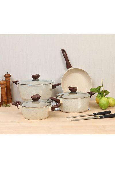 BAROLY Granite Cooking Pot Set 7 Pieces Glass Cover Beige