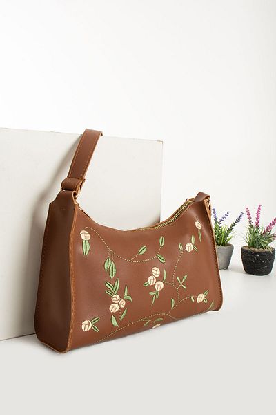 Qulaccia Women's Tan Color Embroidered Elegant Stylish Soft a Quality Shoulder Bag