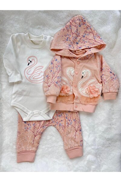 Bebek 3'LÜ KAPÜŞONLU KUĞU NAKIŞLI KIZ BEBEK EŞOFMAN TAKIMI