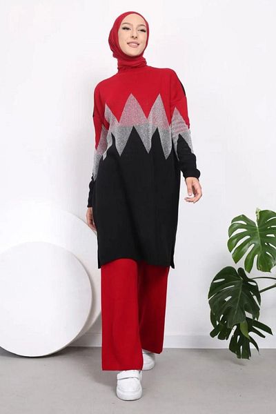Bold Grup Red Glitter Zigzag Knitwear Set - Hijab Pants Tunic, Standard Size