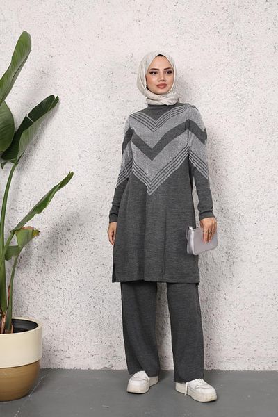 Bold Grup Gray Glitter Knitwear Tunic and Trousers Set - Hijab Set of Two