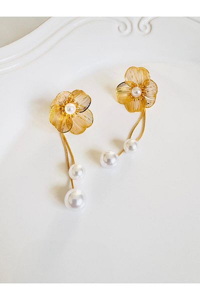 DEVİ fashion Modern Filigree Flower Dangle Pearl Earrings 8 cm