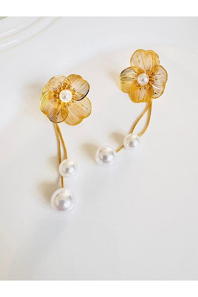 DEVİ fashion Modern Filigree Flower Dangle Pearl Earrings 8 cm