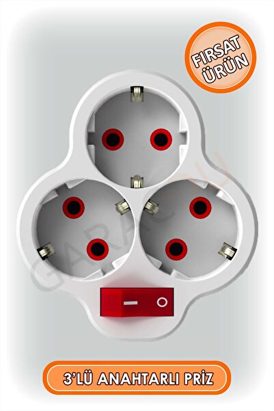 garaccu 3 lü Anahtarlı Topraklı Kablosuz Golyat Priz Çoğaltıcı 1 Adet, Anahtarlı Üçlü Piriz