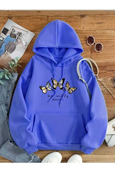 KOZİA OUTDOORS beautıful 3 kelebek baskılı kapüşonlu sweatshirt