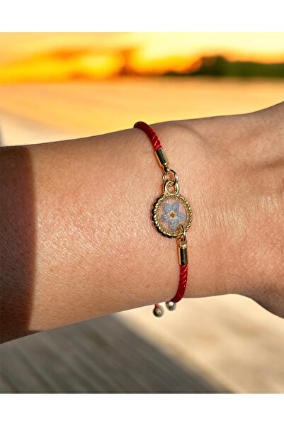 maycollection Real Blue Don'T Forget Me Flower Red Drawstring Design Epoxy Bracelet