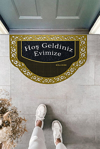 M&H Quality Welcome Summer Smiley Patterned Half Moon Model - Gold Color Mat