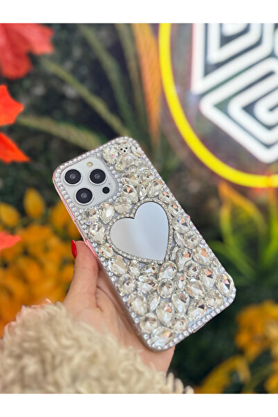 OSG iPhone 14 Pro Max Compatible 3D Mirrored Teddy Bear Character Silver Color Stone Protective Premium Case