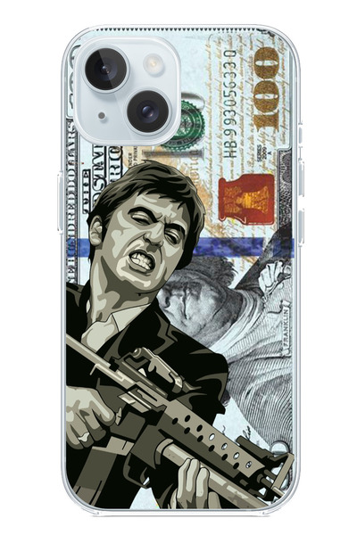 TechTree iPhone 15 Uyumlu Scarface Dolar Tasarımlı Şeffaf Silikon Kılıf