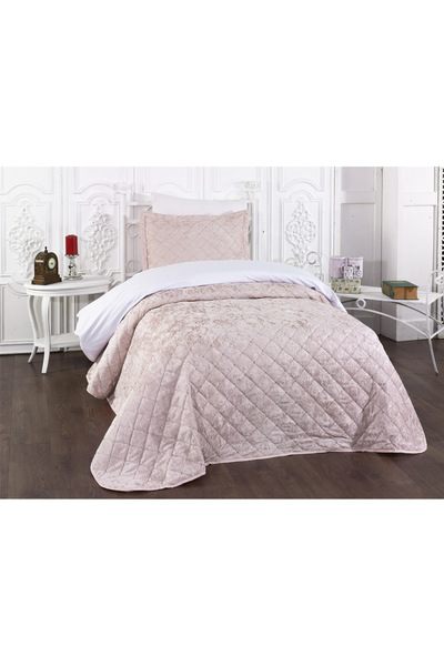 Levanzo Tek Kişilik Kadife Yatak Örtüsü Nayndi Pudra