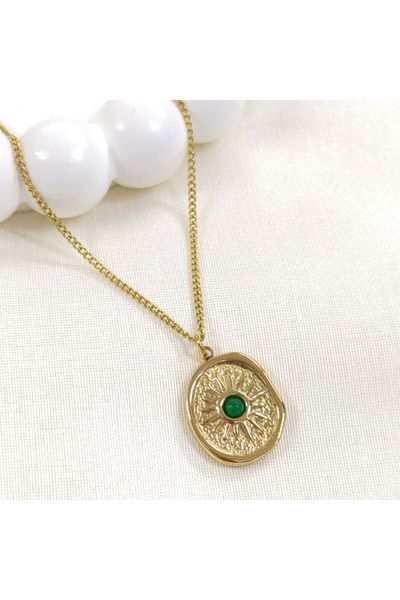 Güler Yüzlü Silver Sun Steel Necklace with Green Stone Detail 40+5 cm