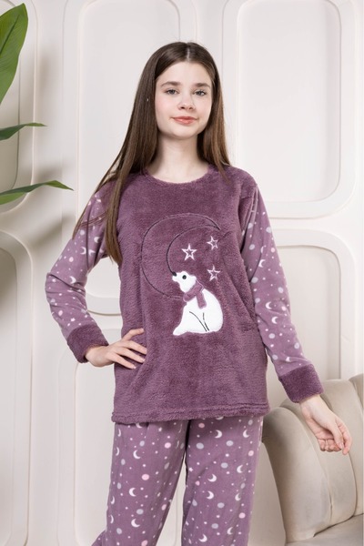 PİJAMMA Girl's Fleece Pajama Set with Teddy Bear Pattern