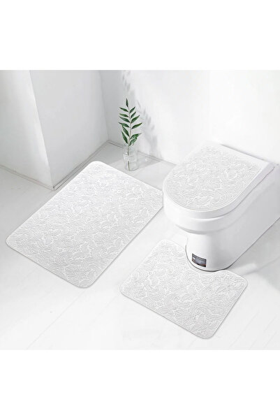 Teksev Ultrasoft Patterned Cream 3-Piece Bath Mat Rug Set Non-Slip Base Washa...