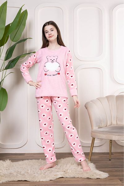 Pyjama Familya Комплект плюшена поларена пижама с шарки на плюшено мече за момиче