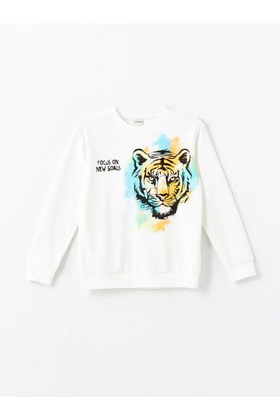 LC Waikiki Lcw Kids Ecru Crew Neck Tiger Printed Boys' Sweatshirt
