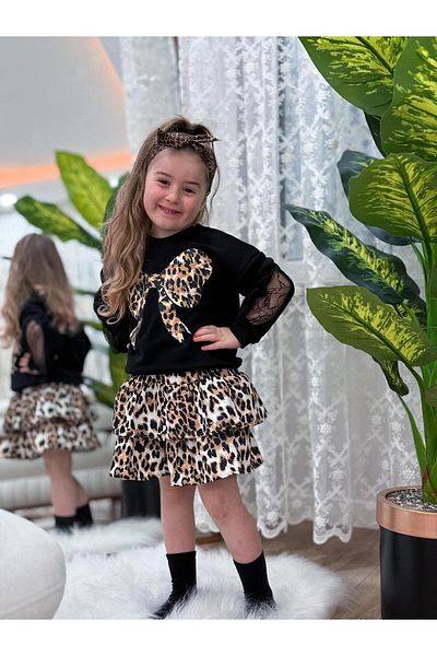 GÖKJOY BUTİK Costum pentru fete cu mâneci din dantelă, detaliu cu imprimeu cu fundă și fustă leopard