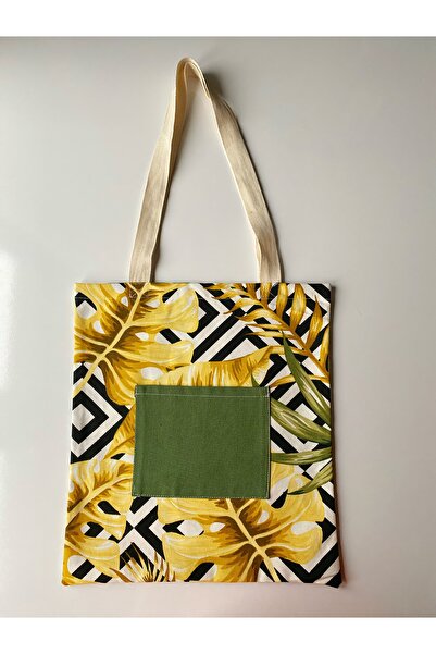 WhiteArt Unisex 2-Piece Tropical Leaf Pattern Shopping Bag with Front Pocket