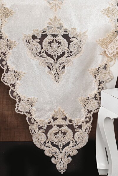 bursa çeyiz Miray Velvet Living Room Set 5 Pieces - Cream Gold