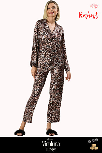 vienluna Yeni Sezon Premium Lüks Kadın Çok Şık Modern Zarif Leopar Desen Yumuşak Dokulu Saten Gecelik Takımı