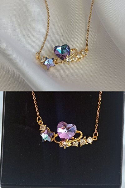 Tilde Kadın, Gezegen Kolye, Çelik Kolye, Altın Renk, Mor Kalpli Kolye, Galaks...