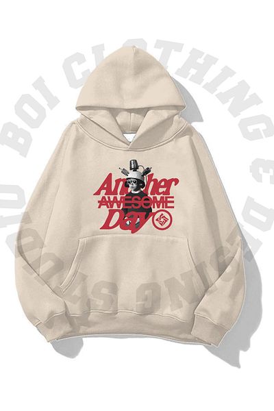 Boi Unisex Another Awesome Day Printed Oversize Χοντρό 3 νήματα Hooded Hoodie - Μαύρο και άσπρο φούτερ