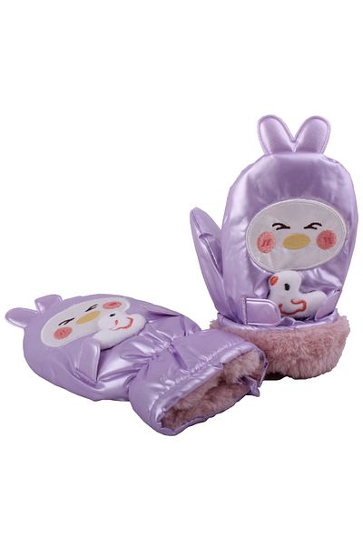 İşnar Lilac Colored 2-4 Years Old Children's Snow Glove - Fingerless Bird Chick Model