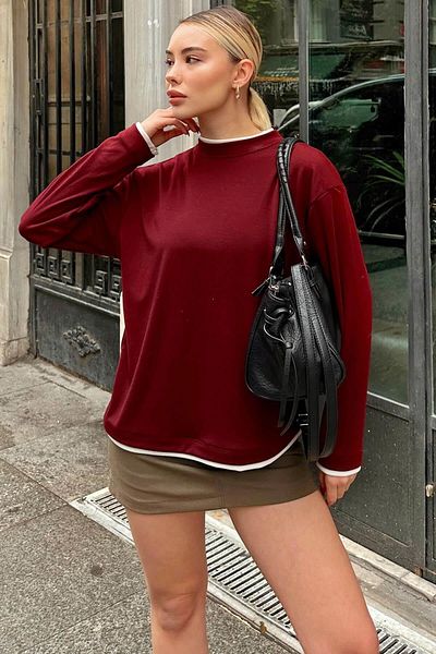 Swist Burgundy Mob Garnished Crew Neck Women's Blouse