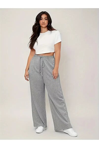 CAONNES Şardonlu Eşofman Altı Gri Büyük Beden Günlük Pantolon, Kadın Artı Cepli Katı Yüksek