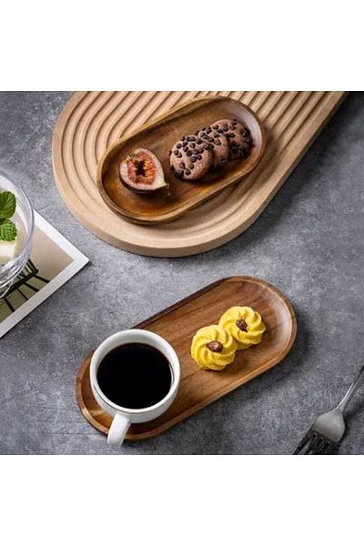 AKCAKESE Acacia Wood Serving Presentation Fruit Dessert Cake Breakfast Plate Square Oval Tableware Set of 4