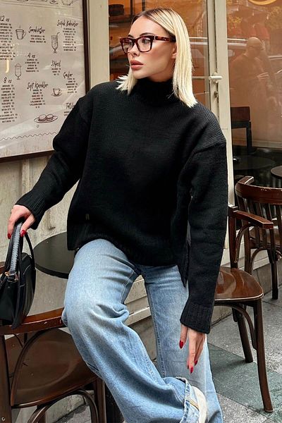 Swist Pulover negru cu fantă laterală, de bază, cu mâneci raglan, pentru femei