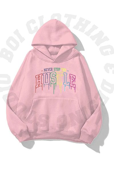 Boi Unisex Hustle Rainbow Printed Oversize Hoodie φούτερ - Φούτερ με τσέπη, 3 κλωστές με κουκούλα
