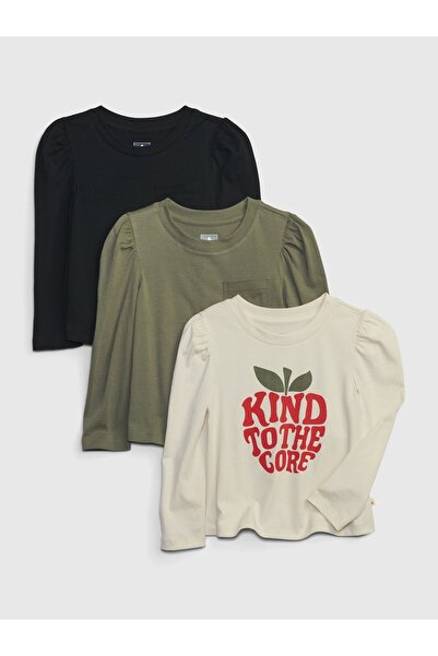 GAP Kız Bebek Bej %100 Organik Pamuk Mix and Match Balon Kol 3'lü T-Shirt Seti
