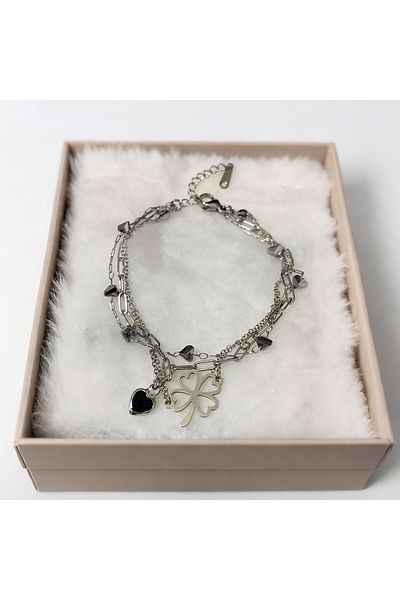 MR Heart and Clover Figure Triple Steel Bracelet