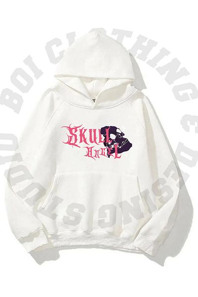 Boi Unisex Gothic Skull Skull Angel Printed Oversize Hooded Pocket Sweatshirt 3 Yarn Fleece Hoodie