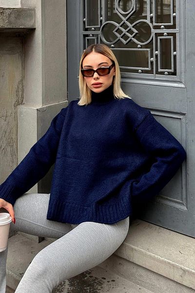 Swist Navy Blue Side Slit Basic Half Fisherman Raglan Sleeve Women's Knitwear Sweater