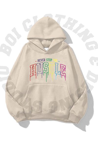 Boi Unisex Hustle Rainbow Design Φούτερ με κουκούλα μεγάλου μεγέθους με τσέπες με 3 κλωστές Hoodie