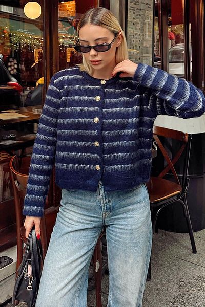 Swist Γυναικεία πλεκτή ζακέτα Navy Blue Tami ριγέ γενειοφόρος με χρυσά κουμπιά