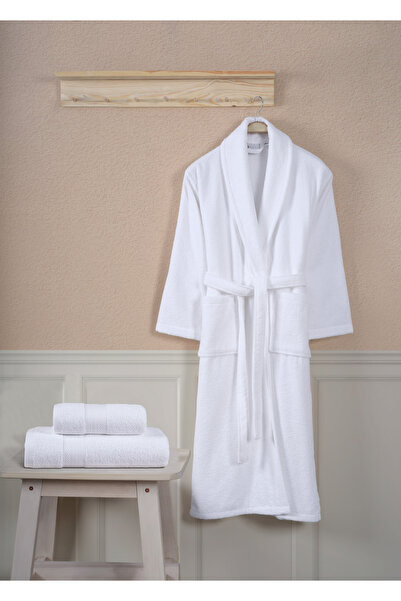 Ellaline Σετ μπουρνούζι 3 τεμαχίων 100% βαμβάκι με πιστοποίηση, σετ μπουρνούζι και πετσέτα κεφαλιού με κορδόνι λευκό