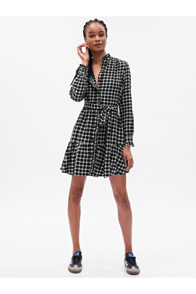 GAP Kadın Siyah Ekose Desenli Mini Elbise