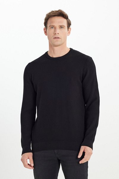 ALTINYILDIZ CLASSICS Men's Black 100% Cotton Standard Fit Regular Cut Crew Neck Thessaloniki Knit Knitwear Sweater
