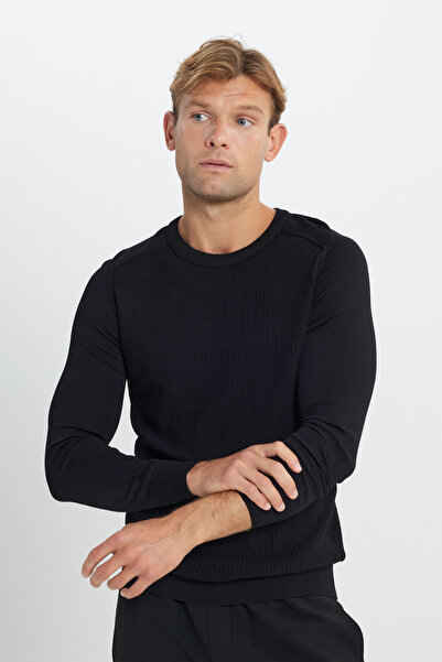 ALTINYILDIZ CLASSICS Erkek Siyah Standart Fit Normal Kesim Bisiklet Yaka Jakarlı Triko Kazak