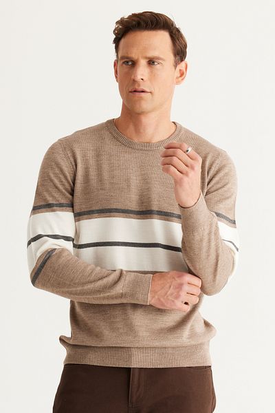 ALTINYILDIZ CLASSICS Men's Beige Melange-Grey Melange Standard Fit Regular Cut Crew Neck Striped Knitwear Sweater