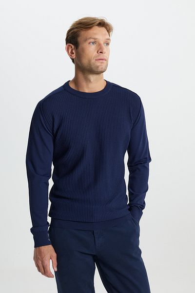 ALTINYILDIZ CLASSICS Men's Navy Blue Standard Fit Regular Cut Crew Neck Jacquard Knitwear Sweater