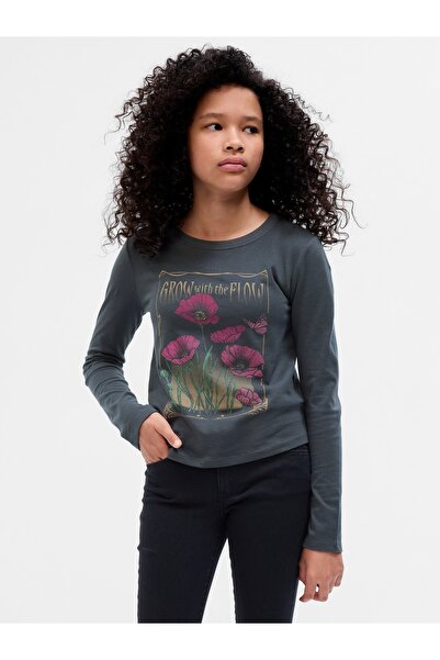 GAP Kız Çocuk Koyu Gri %100 Organik Pamuk Grafikli T-Shirt