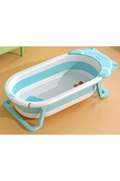 Fab N Funky Kitten Face Printed Bath Tub with Drain Plug, Foldable Design, Non-Slip Gasket, 0 Months+, Blue