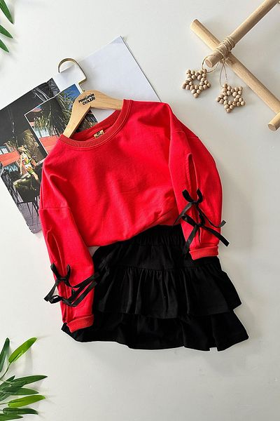Minigimin Cicileri 2-Piece Set for Girl My Mini - Red Skirt and Sleeves Ribbon Detail