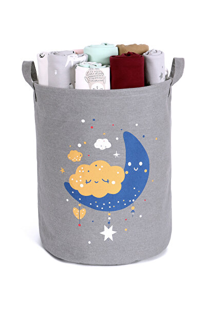Fab N Funky Foldable Laundry Basket with Drawstrings, Grey, Durable Handles, Light for Kids