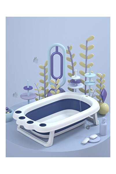 Fab N Funky Paw Designed Foldable Bath Tub with Drain Plug, Non-Slip Base, 0 Months+, Blue